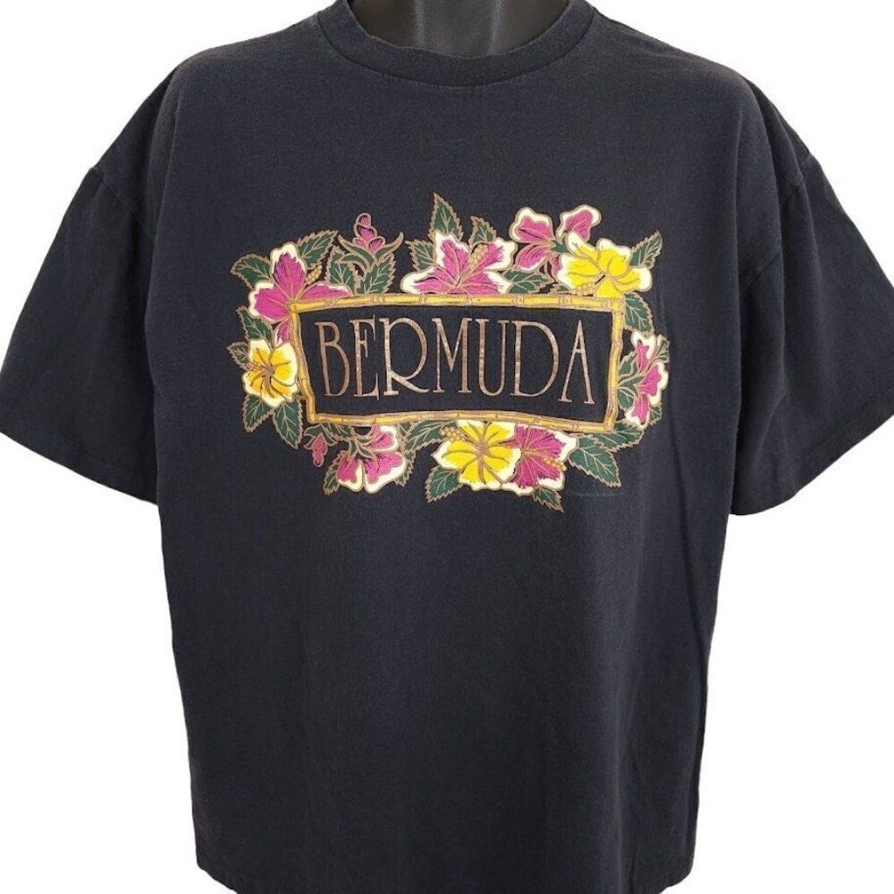Vintage Bermuda T Shirt Mens Size XL Black 90s Tropical Destination Made In USA